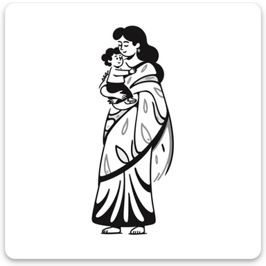 Indian mother in a saree holding a child, hand-drawn doodle style sticker