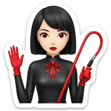 madam with straight bob black hairstyle in black latex with red whip in hand sticker
