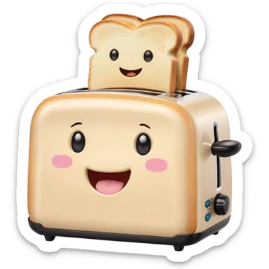 Cute Kawaii Toaster, tiny and square, soft pastel cream with a happy smile, chubby cheeks, two little toast slices popping out, giggling in excitement! sticker