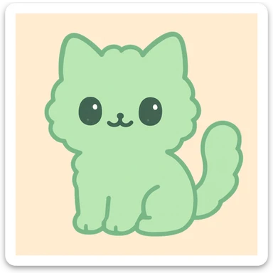 green fuzzy cute cat, sitting, fluffy tail, round face, kawaii style, minimal background sticker