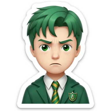 Upset angry teenage boy with scowling face wearing green Slytherin Hogwarts uniform and tie sticker