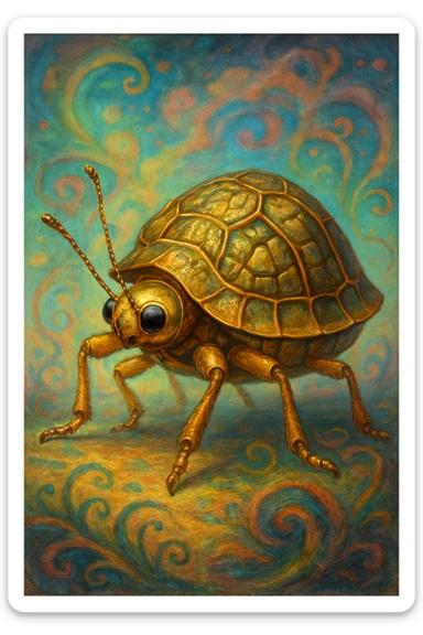 Golden Tortoise Beetle with a tortoise shell-like carapace, bizarre and fantastical surreal art style sticker