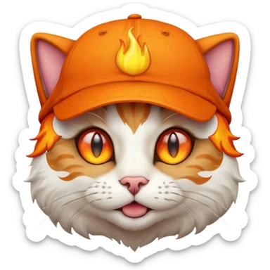 Cat with the flames in his eyes with a orange baseball hat on his head sticker