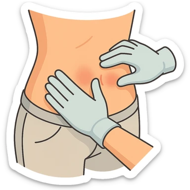 Close-up of a human abdomen with a doctor wearing gloves palpating it. Fingers gently pressing on the abdomen with pressure points highlighted by light redness. The person is wearing pants, side view, 2D isometric style, very detailed, soft rounded shapes, clean contours, pastel palette, refined shadows and highlights, modern illustration, transparent background. sticker