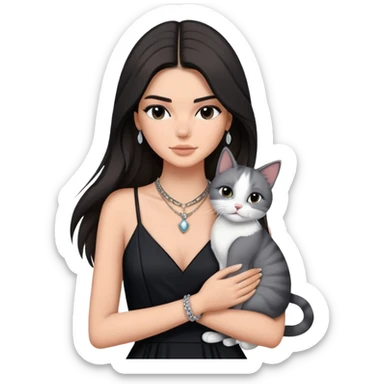 Kendall Jenner long hair with black dress and necklace hug one grey white cat sticker