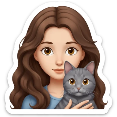 Ragazza con capelli lunghi marroni mossi con un gatto grigio  sticker