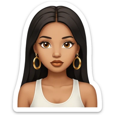 light brown skin tone, very beautiful woman, with big plump lips, long long lashes, black straight long hair, brown eyes, white tank top, gold hoop earrings sticker