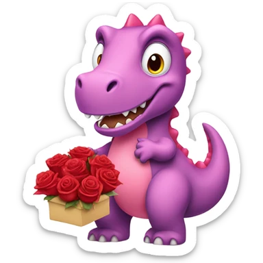 Pink dinosaur holding red roses & chocolates  sticker