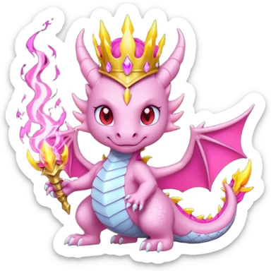cute pink dragon queen breathing magical fire, dark fantasy style, glowing red eyes, lightning aura, royal crown, powerful pose, bold outline, transparent background, twitch badge sticker