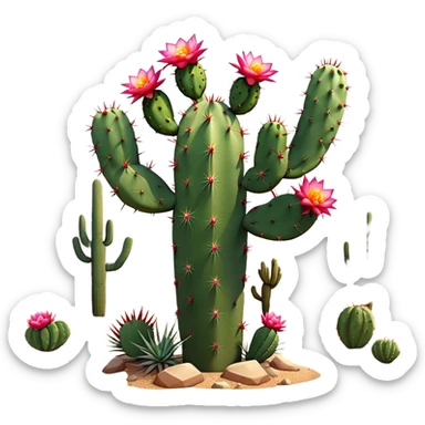 Cinematic Realistic Cactus Emoji, Tall and spiny, with thick, rounded stems covered in sharp spines. Bright flowers bloom at the tips of some branches, adding a pop of color against the desert backdrop. Soft glowing outline, capturing the essence of strength, survival, and desert beauty in a striking cactus! sticker