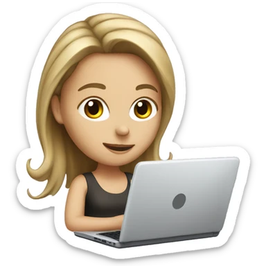 A white girl is working on a laptop sticker