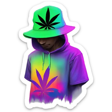 Hemp leaves Multicoloured neon person smoking wearing hoodie dancing hip hop bucket hat tropical Skater fashion aesthetic baggy clothes graphic t shirt 420 sticker