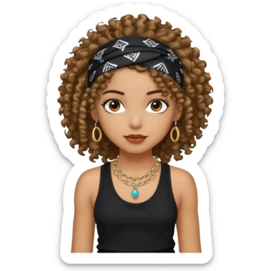 Baddie girl with black  tank top curly hairss and bandana and jwellery sticker