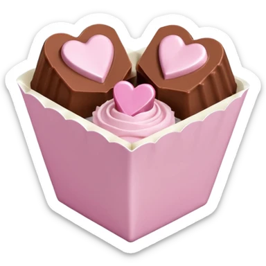 Two square milk chocolate pralines only, Each praline is a sharp-edged cube with smooth glossy chocolate coating, placed in a small white fluted paper candy cup. On top of each cube is a flat pastel pink heart-shaped icing, thin and smooth, slightly translucent, with fine sugar crystal sparkle. sticker