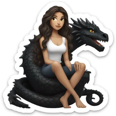 Beautiful white woman with long wavy dark brown hair riding on top of a black dragon sticker