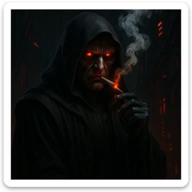 an elite sith lord smoking a joint, dramatic lighting, dark robes, glowing red eyes, menacing expression, sci-fi background sticker