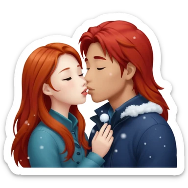 long haired asian guy kissing redhead girl in snow falling sticker