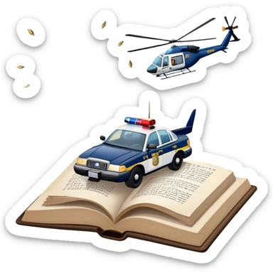Icon for Action & Crime Reading: an open book with text, from which a police car is driving out along the pages, with explosions behind, a helicopter flying overhead, and a pistol with ammo and grenades in front. Transparent background. sticker