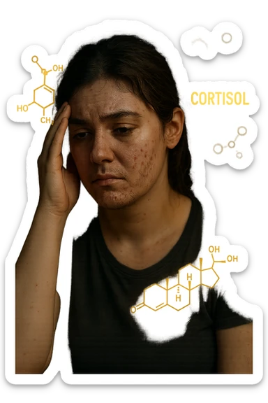 realistic and cinematic image of a woman with PCOS and elevated cortisol, showing stress, insomnia, tiredness, acne, hirsutism, visual elements representing cortisol hormone, no background, 2:3 aspect ratio sticker