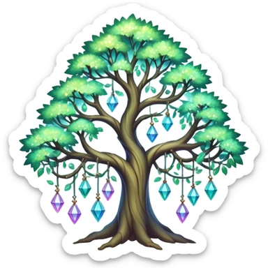 Spiritual magical ethereal tree with crystals hanging in it sticker