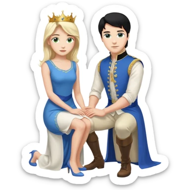 prince, upright, black Hair, blue eyes, garment,  woman, bending knee, white sleveless dress, blonde hair, green eyes, sticker