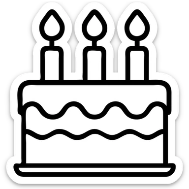 A birthday cake with lit candles and decorative frosting sticker