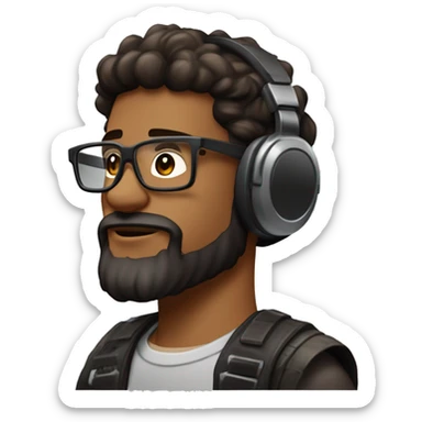 Chaval de 22 años con barba negra y pelo marron con mechas rubias jugando con mandos, cascos gamer y gafas sticker