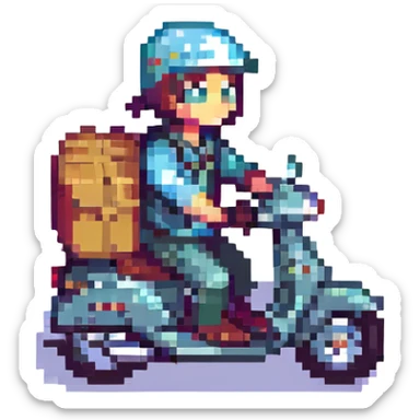 courier riding a moped, pixel art style, small and expressive sticker