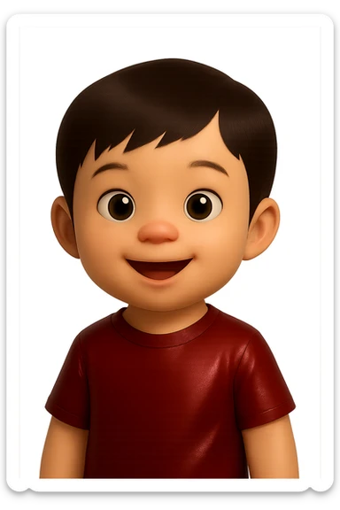 Edit the cute Asian baby boy emoji by changing the shirt to dark red while keeping the rest unchanged. Use a soft glossy texture and make it about 80% realistic. No background. sticker