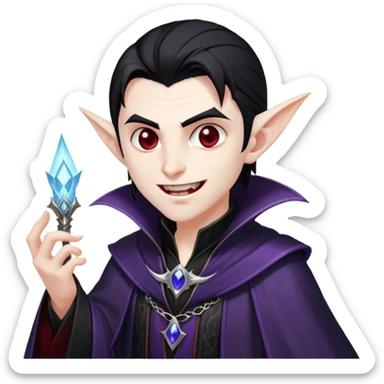 Cinematic Realistic WoW Vampire Mage Portrait, head tilted dramatically with an exaggeratedly amused expression, blending ominous mystique with a wry, unexpected charm. His pallid skin, sleek dark hair, and intricately detailed black robe with silver accents are rendered with lifelike texture and moody, dynamic lighting, high shine, dramatic yet whimsical, capturing a dark mage who wields ancient power with a mischievous glint. sticker