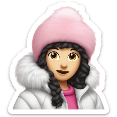 white girl wearing a pink furry hat with a puffy ball on top and with a big puffy white jacket on with black hair sticking out of it sticker