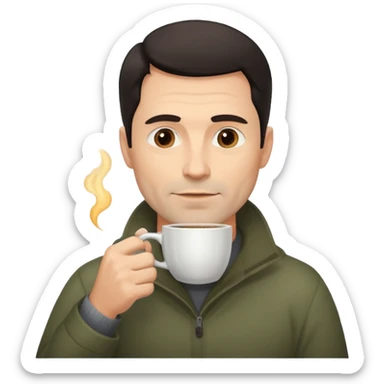 A handsome 45 year old white man with dark hair in a fog drinking a cup of coffee sticker