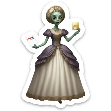 alien galora in Victorian dress elegant, full body, holding big credit card sticker