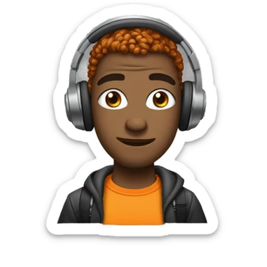 a meme creator with funky outfit wearing wirless headphones and orange highlights on hair sticker