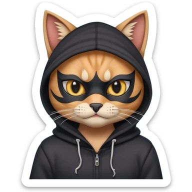 thief cat portrait, head and shoulders only, black mask markings, sly eyes, dark hoodie collar, mischievous expression, 3D cartoon, mobile game icon style, clean background, no text, no watermark
 sticker