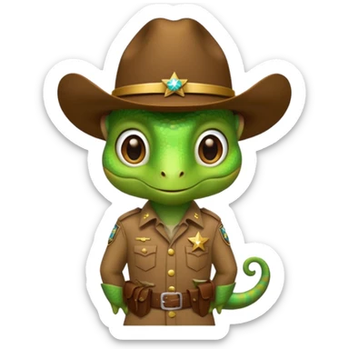 Standing green chameleon with a brown cowboy hat and dressed like a sheriff  sticker