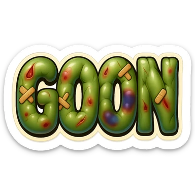 The word GOON with amorphous, glossy, blobby muscle shapes under the skin, featuring criss-crossed bandages, red and blue bruises, and dramatic cartoon wounds. Retro sticker style, no background. sticker