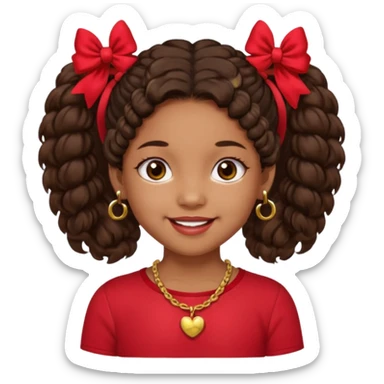 Brownskin girl dark brown hair fluffy. pigtails with red bows brown eyes smiling closed mouth red shirt gold esrrings gold necklace sticker