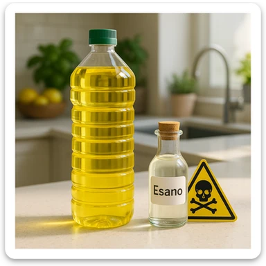modern bottle of sunflower or soybean oil on a bright kitchen counter, healthy atmosphere; next to it a small flask labeled 'Esano' and a danger sign to emphasize contrast between health and risk; natural lighting with a subtle shadow on the bottle sticker