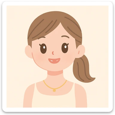 clean girl, fresh face, glossy lips, hair in a sleek ponytail, subtle highlight, delicate gold necklace, beige background sticker