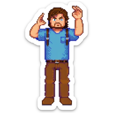 Jack Black as Minecraft Steve in mining pose with arm raised, blocky character with brown hair, blue shirt, and purple pants sticker