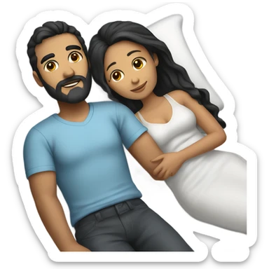 A couple cuddling in a bed. The man has white skin with a black and grey beard and black hair. The woman has white skin and brown hair with highlights. sticker