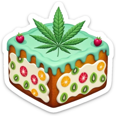 colorful frosted fruit cake with cannabis leaf sticker