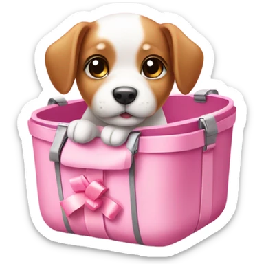 Cute puppy with pink bow on head in a carrier  sticker