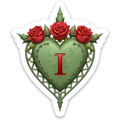 Can you make a sage green heart with a gothic design, I want roses and spikes around the heart. In the middle of the heart the letter I sticker
