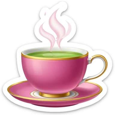 dark pink teacup filled with green tea, placed on a matching pink saucer, with gentle steam rising from the cup, golden details sticker