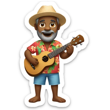 dark-skinned native hawaiian man h playing ukulele age 57 wearing hawaiian shirt shorts beard with cap back small eyes sticker