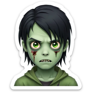spooky boy zombie, black medium-long hair, emo, green skin, creepy expression sticker