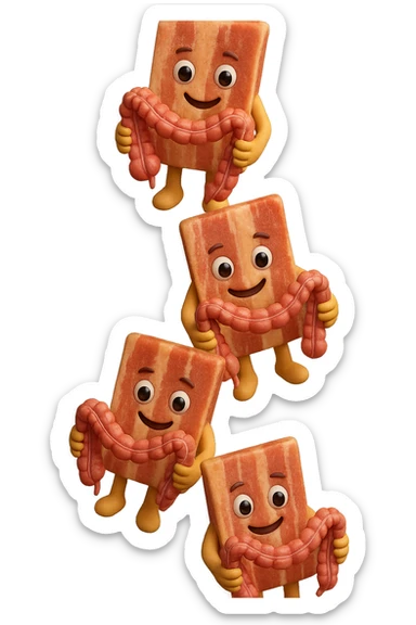 emoji stile iphone in 3d di fette di carne che cadono verticalmente dall'alto tenendo tra le mani pezzi di colon umano, iperrealistico 4k sticker