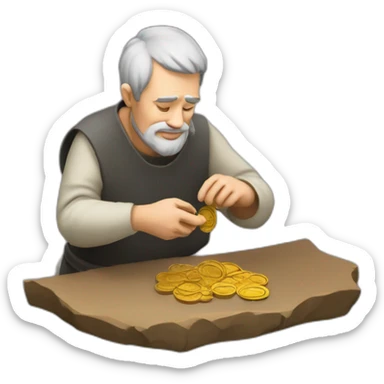 old and experienced coin engraver yielding a coin, medieval age sticker